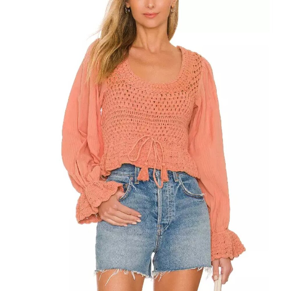 Free People Women's Tan Scoop Neck Blouson Sleeve Megan Crochet Top Size NWT